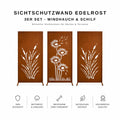 3-teiliges Edelrost Sichtschutzwand Set mit Windhauch- und Schilf-Motiv für Garten und Terrasse