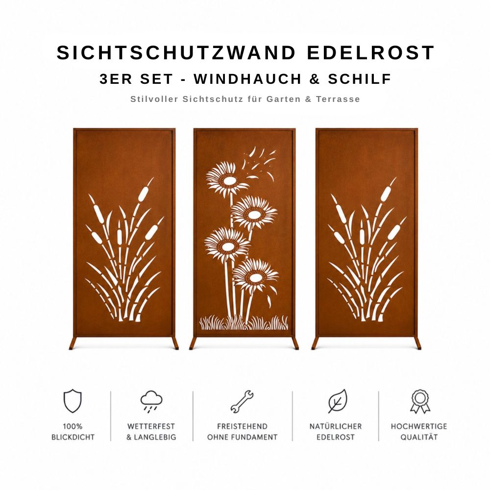 3-teiliges Edelrost Sichtschutzwand Set mit Windhauch- und Schilf-Motiv für Garten und Terrasse