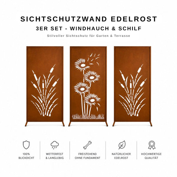 3-teiliges Edelrost Sichtschutzwand Set mit Windhauch- und Schilf-Motiv für Garten und Terrasse