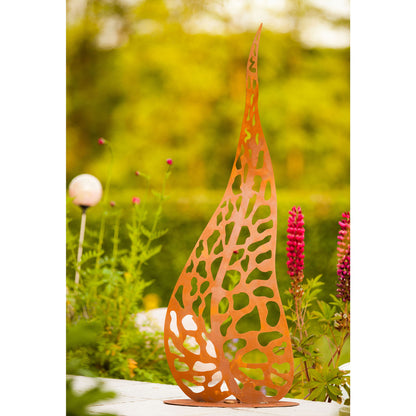 Skulptur aus Edelrost mit Blätter Motiv Gartendeko Gartenfigur aus Rost