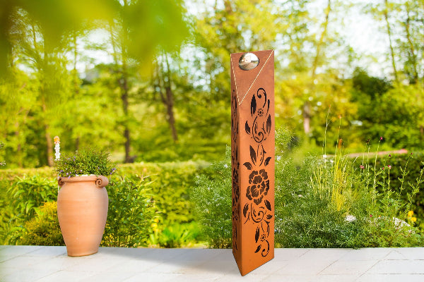Stele mit Edelstahlkugel Edelrost Patina Gartendekoration Gartenskulptur Modern
