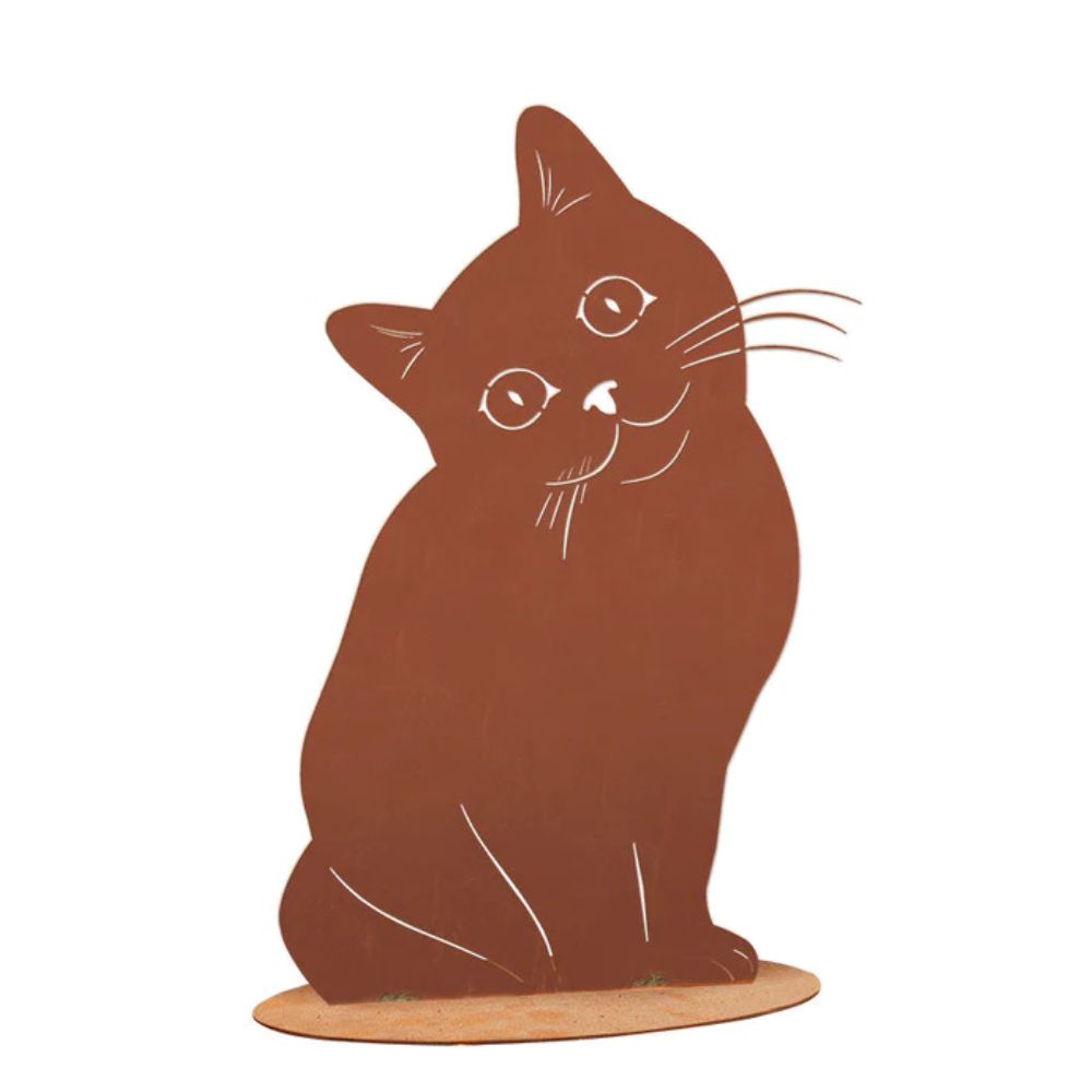 Tierfigur Metall - Katze Elegant 1 - Edelrost Katzenfigur auf Platte, Deko Rost