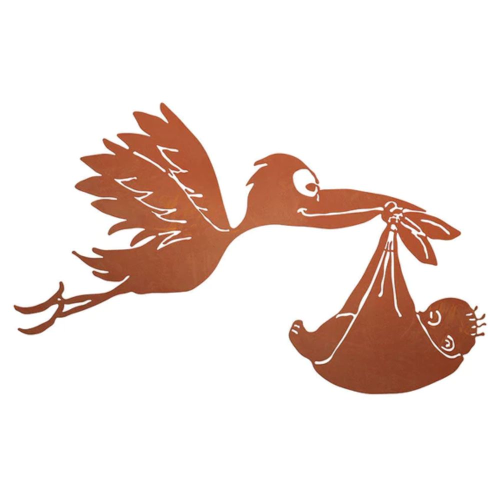 Tierfigur aus Metall - Storch mit Baby - Rost Deko Geschenk zur Geburt