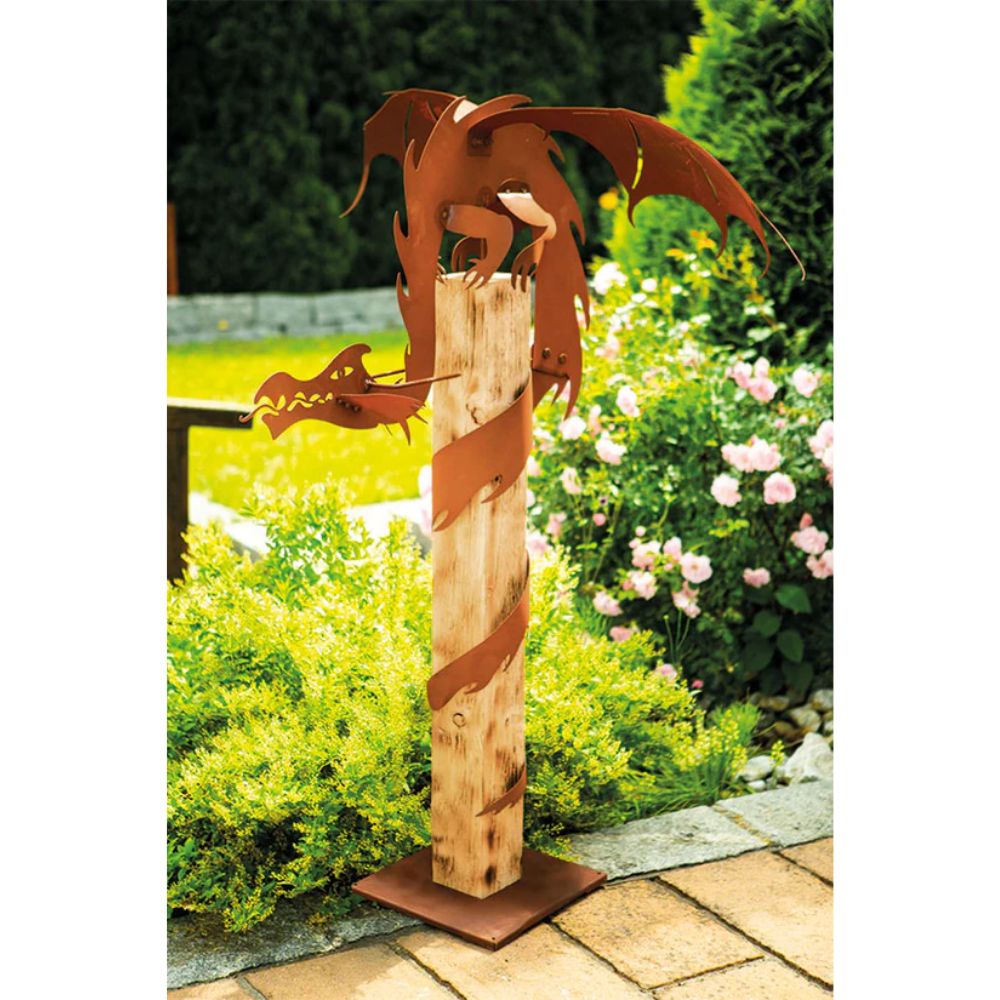 Metalldrache - Draco - Edelrost auf Holzbalken 160 cm hoch Gartendeko Rost
