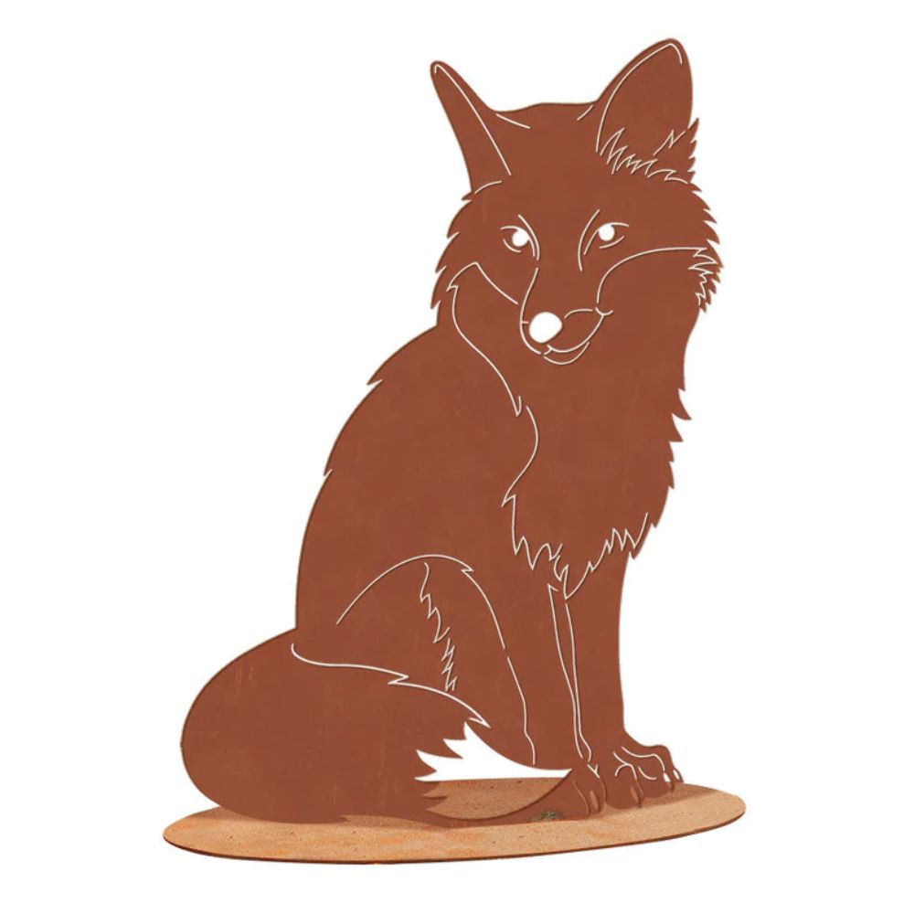 Tierfigur aus Metall - Fuchs sitzend - Edelrost Wildtier auf Standplatte
