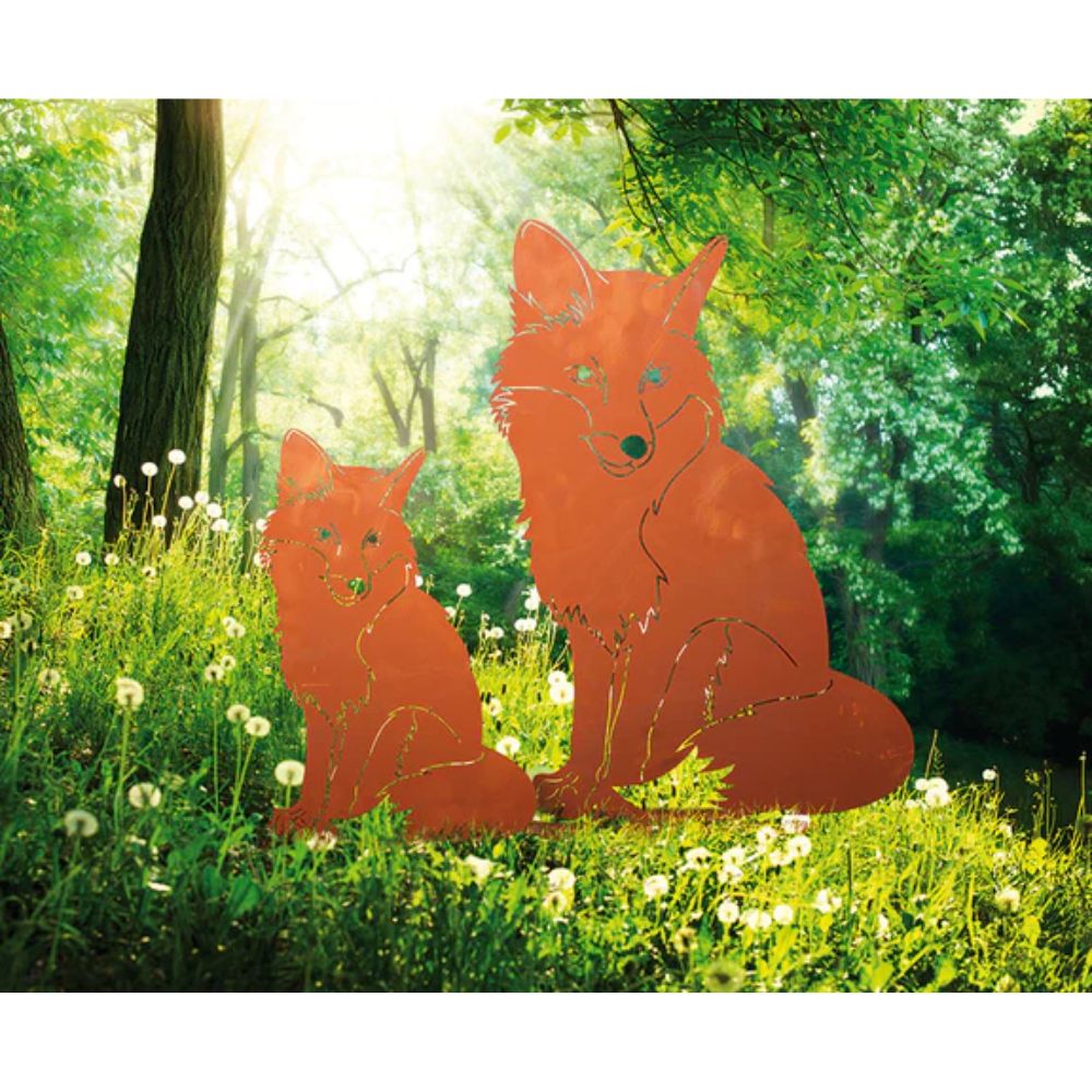 Tierfigur aus Metall - Fuchs sitzend - Edelrost Wildtier auf Standplatte