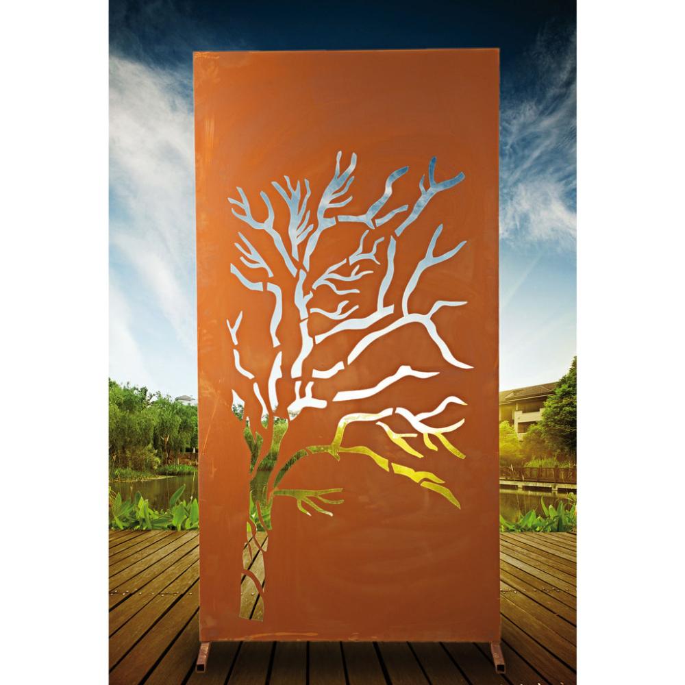 Weidenmotiv-Sichtschutzwand aus Edelrost, mit natürlicher Patina und hoher Langlebigkeit für den Außenbereich.
