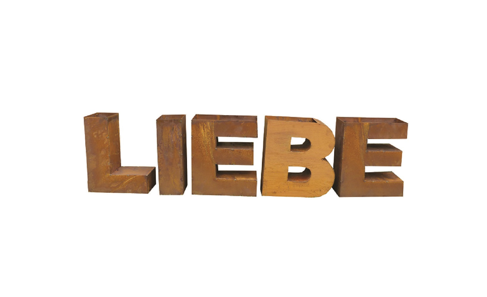 Design Schriftzug LIEBE zum Bepflanzen aus Edelrost – Metall Gartendeko