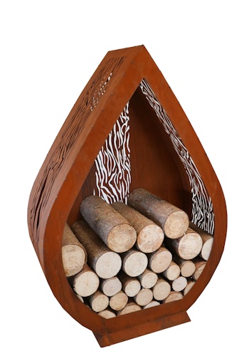 Feuerholzregal aus Metall in Tropfenform, Robust, witterungsbeständig & stilvoll