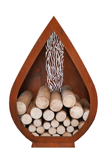 Feuerholzregal aus Metall in Tropfenform, Robust, witterungsbeständig & stilvoll