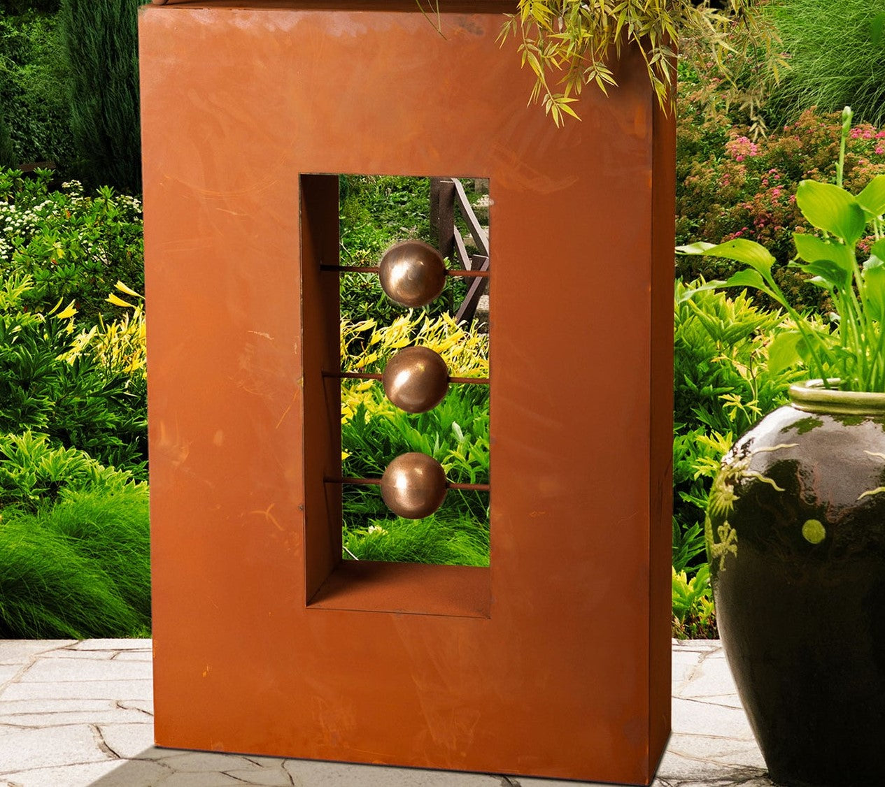 Rostdeko Ball Square - Vertikal aus Edelrost inkl. Edelstahlkugeln - Blumentrog