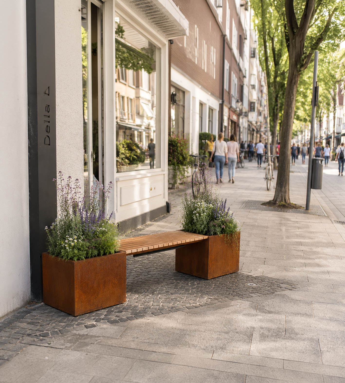 Gartenbank Valencia mit Pflanzkübel oder Pflanzeinfassung aus Edelrost Länge 210 cm