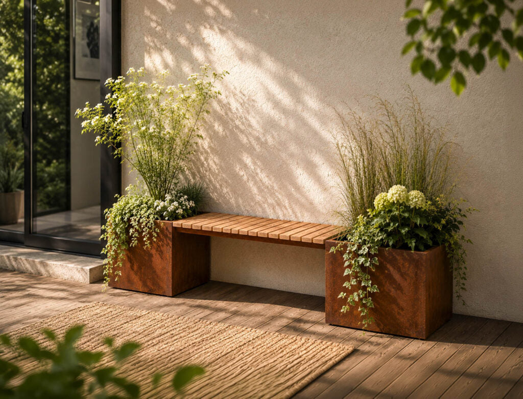 Gartenbank Valencia mit Pflanzkübel oder Pflanzeinfassung aus Edelrost Länge 210 cm