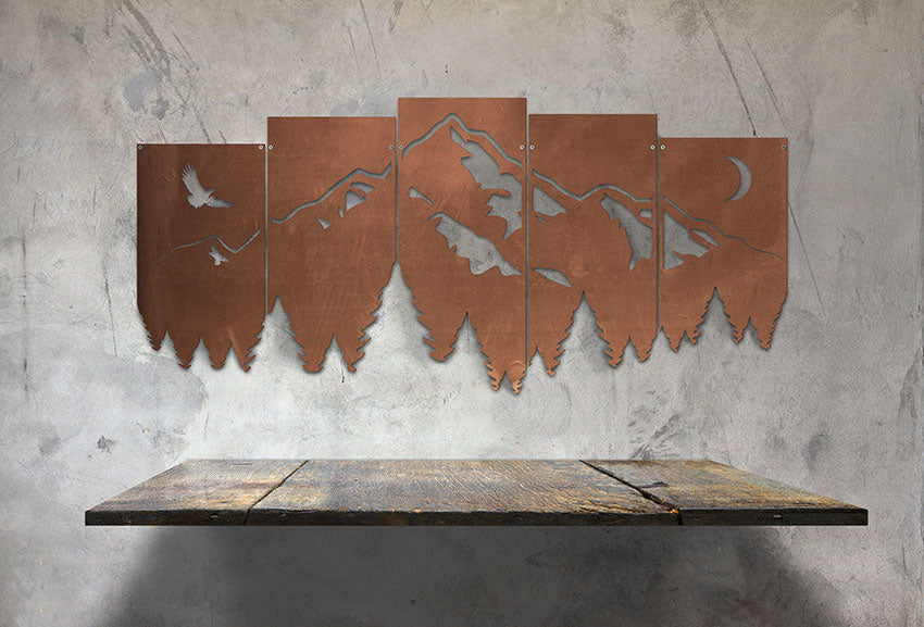 Wandbild - Berg- und Waldpanorama - im Edelrostdesign 5-teilig Wandbild-Set