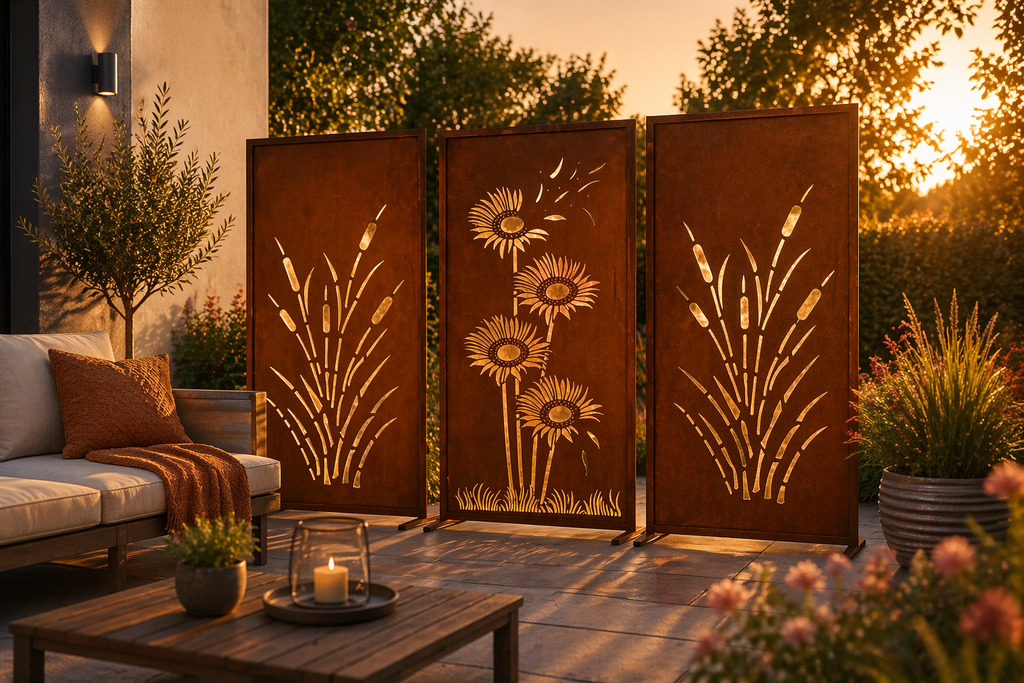 Sichtschutzwand Edelrost 3er Set – Windhauch & Schilf Gartenwand
