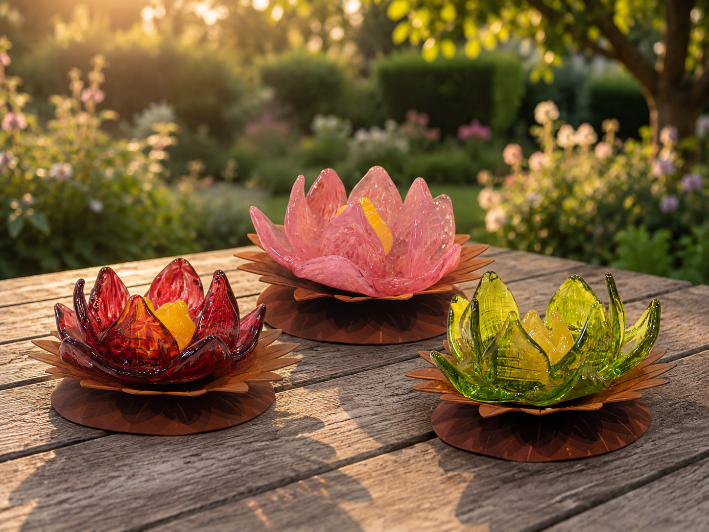 Glasblume Dahlie Glasdahlien 3er-Set aus Glas auf Edelrost Weinrot, Rosa & Grün