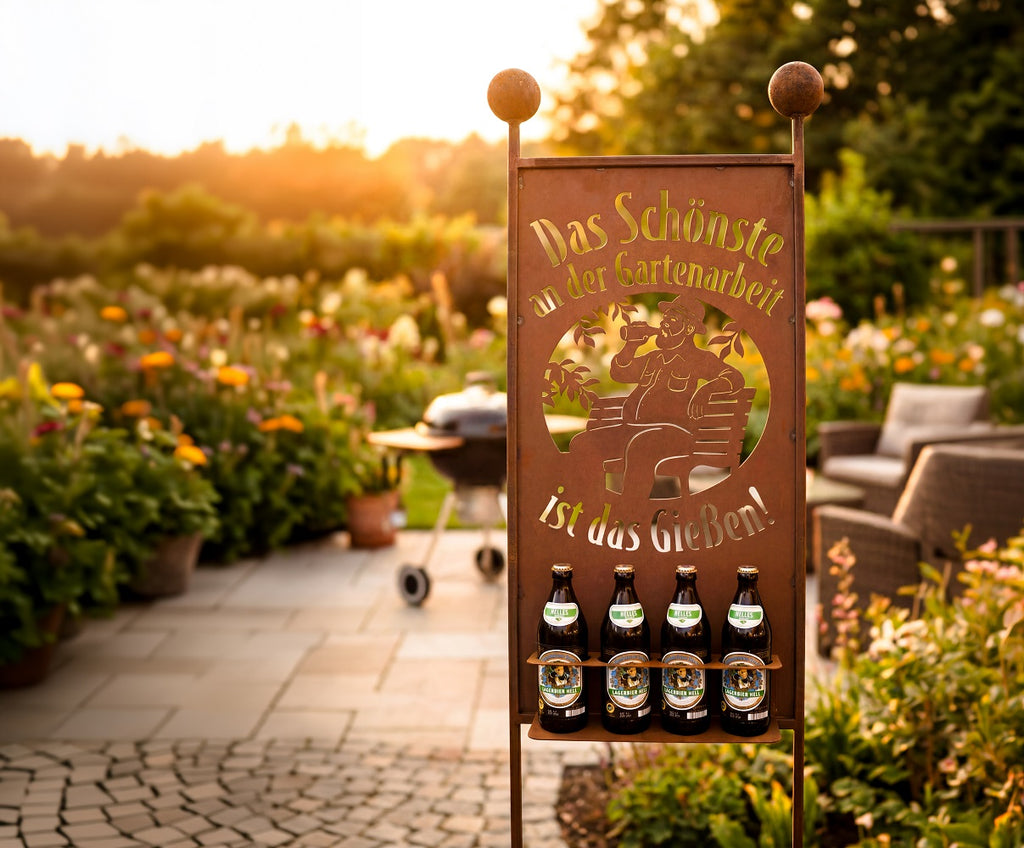 Gartenstecker Edelrost Gießen mit Bierhalter für 4 Flaschen Höhe 205 cm