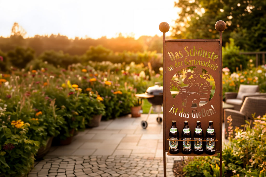 Gartenstecker Edelrost Gießen mit Bierhalter für 4 Flaschen Höhe 205 cm