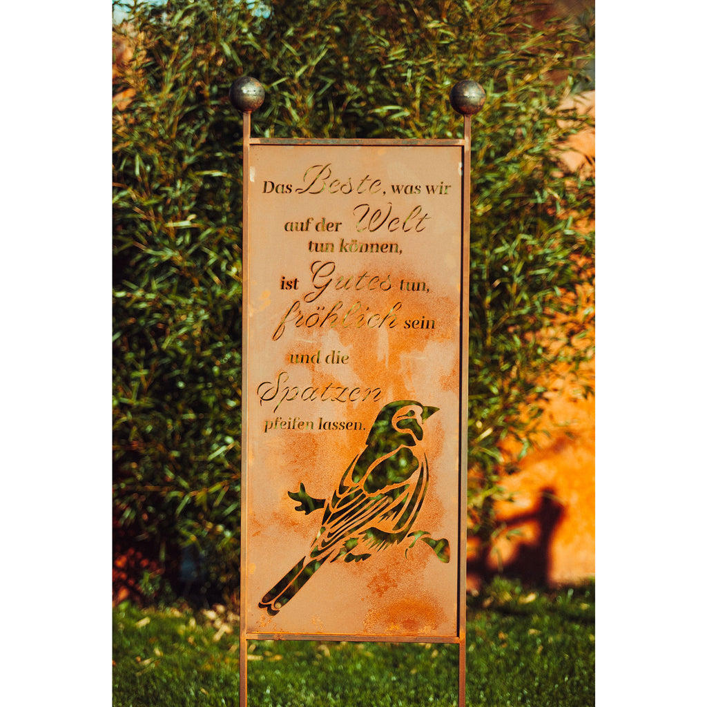 Gartenstecker XL aus Edelrost mit Spatz Spruch Gartenschild Rostdeko Spruchtafel