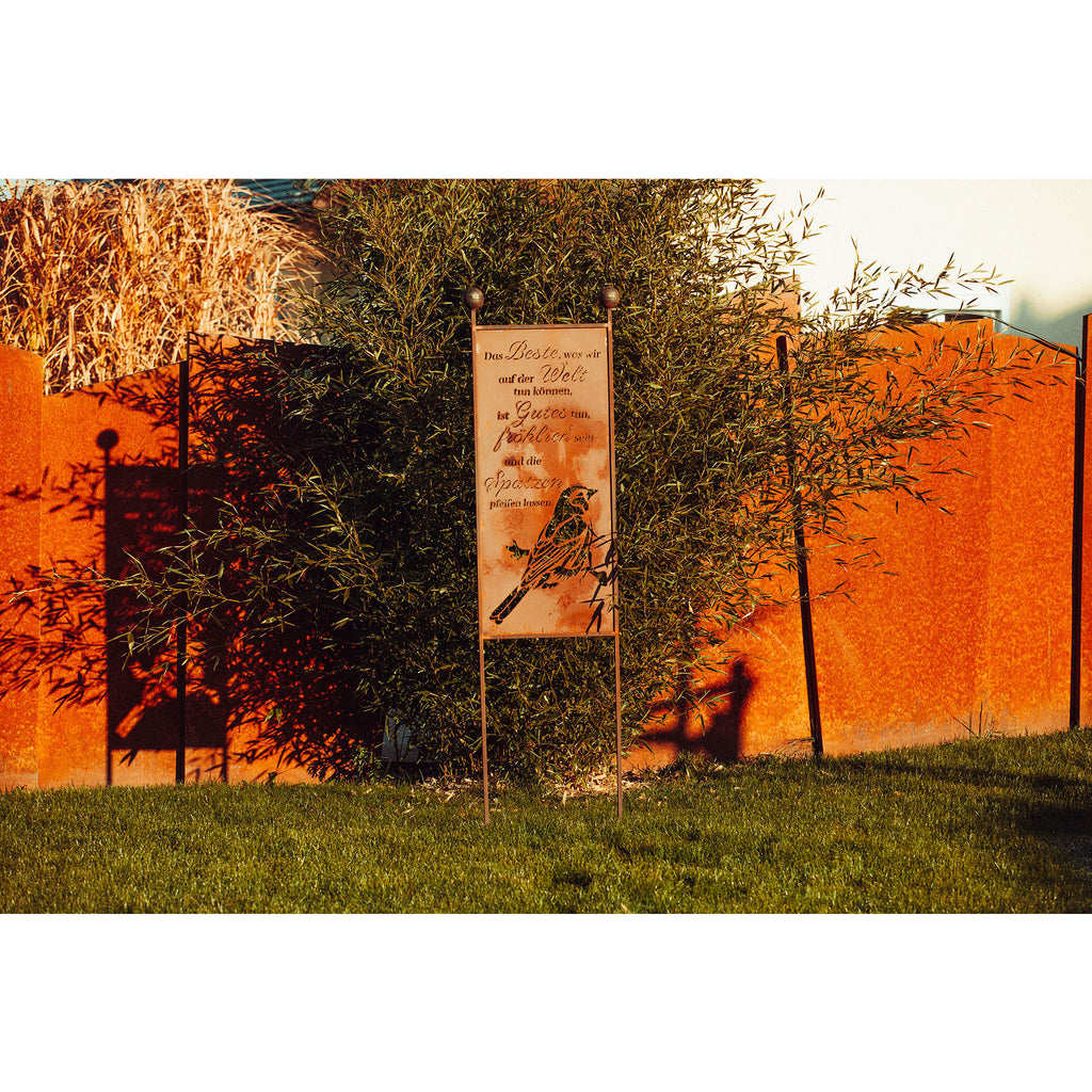 Gartenstecker XL aus Edelrost mit Spatz Spruch Gartenschild Rostdeko Spruchtafel