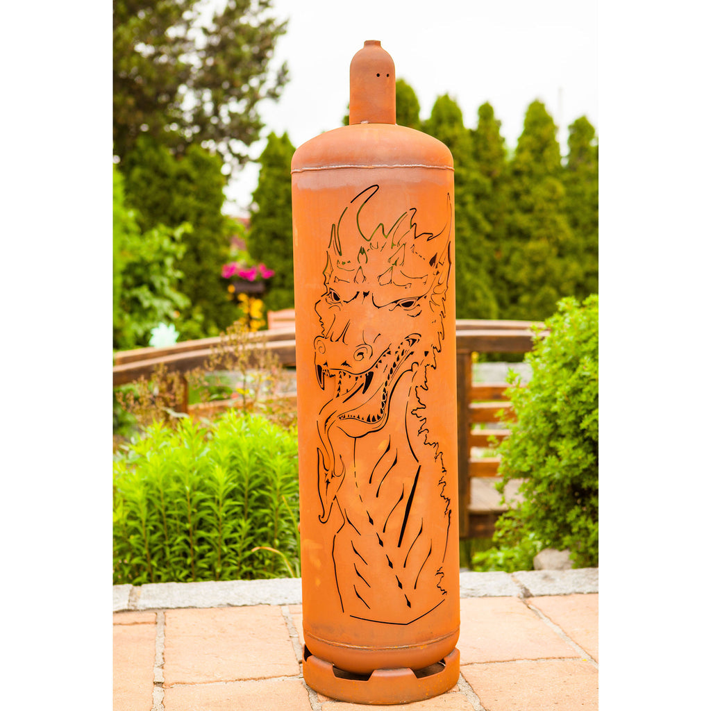 Gasflasche Drache - Edelrost Feuersäule Drachenmotiv 128 cm Feuertonne Metall