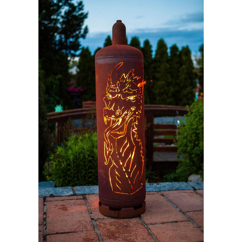 Gasflasche Drache - Edelrost Feuersäule Drachenmotiv 128 cm Feuertonne Metall