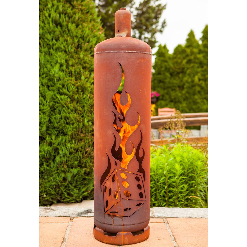 Gasflasche Würfel - Edelrost Feuersäule Würfelmotiv 128 cm Feuertonne Metall