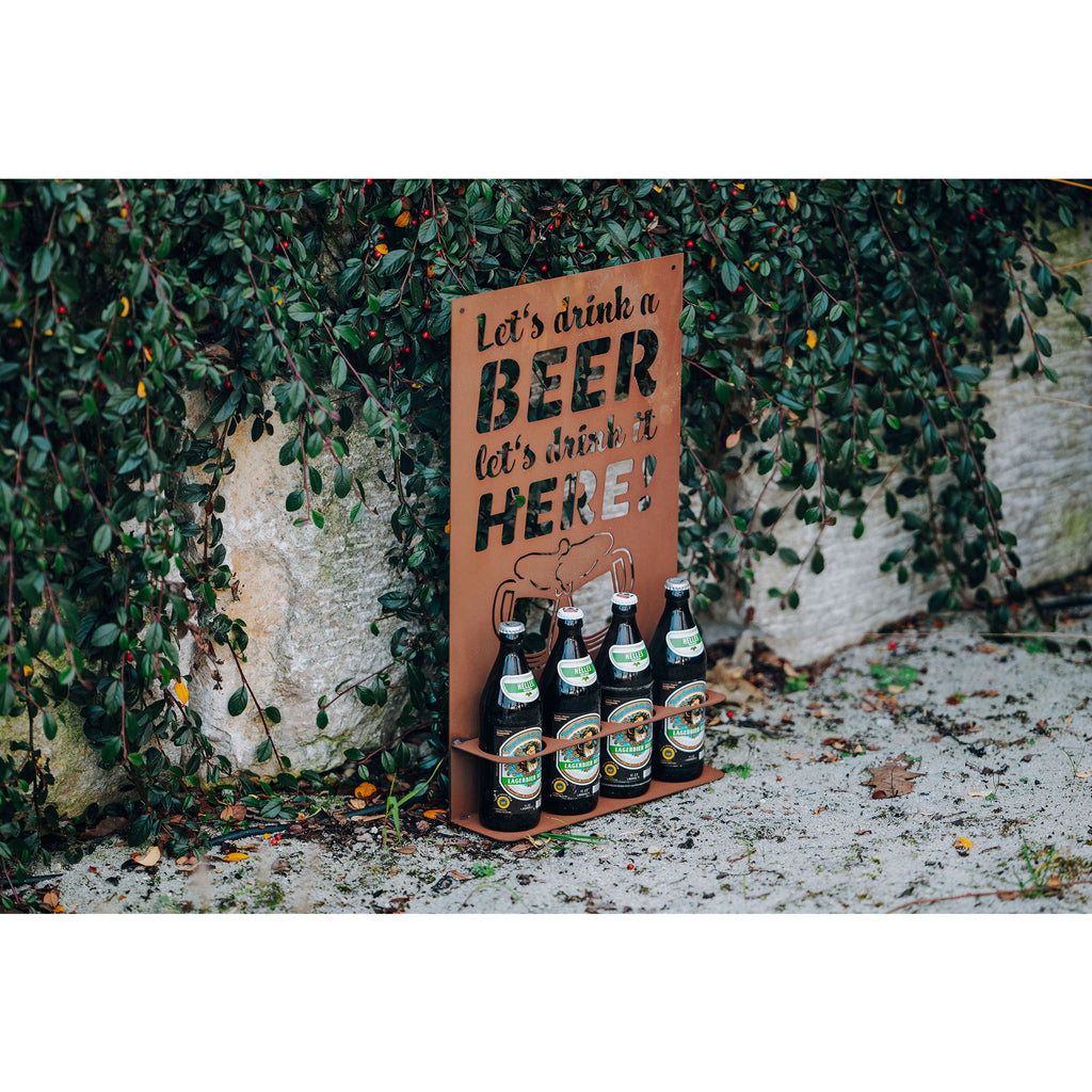 Gedichttafel - Let's drink - aus Metall Edelrost Getränkehalter Bierflaschen