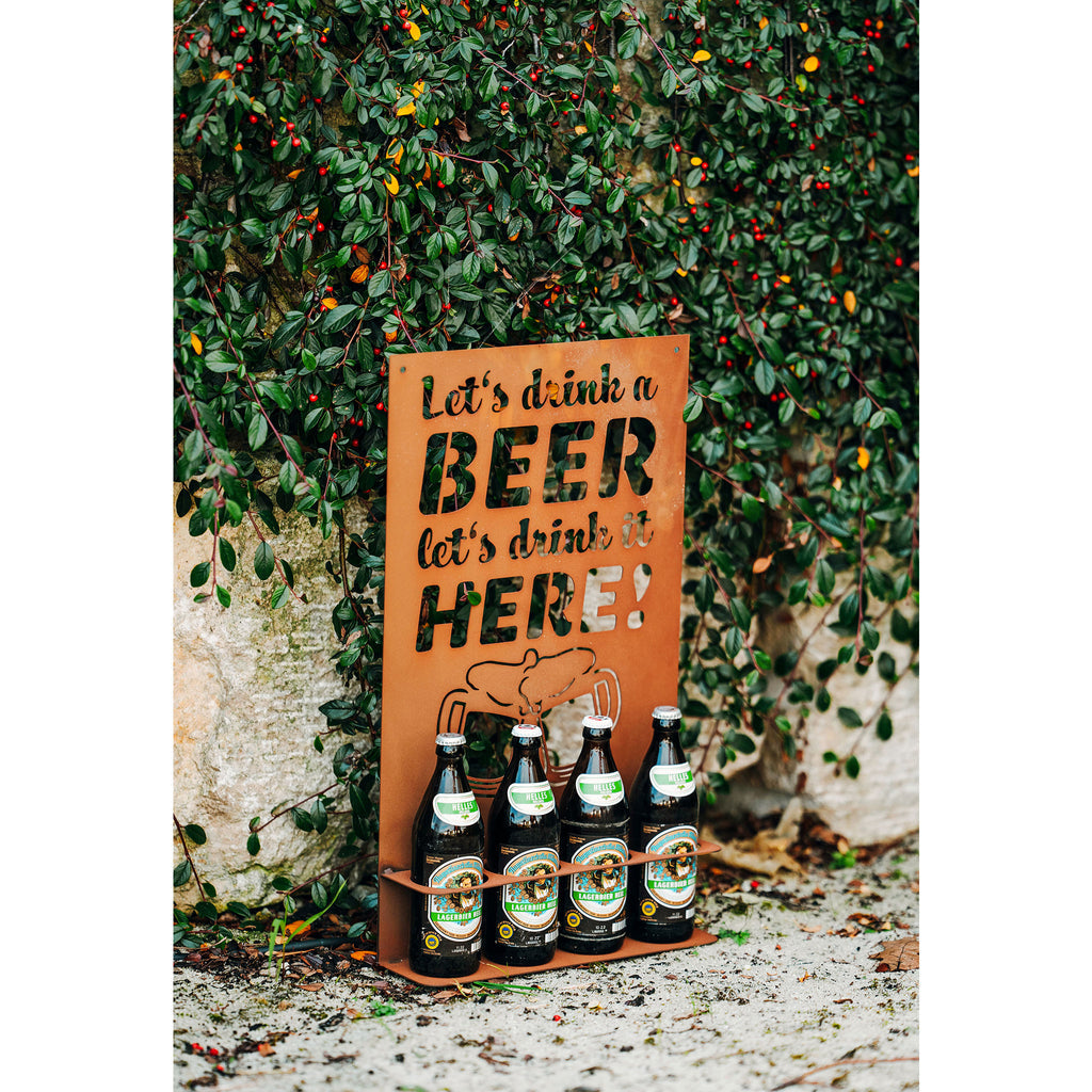 Gedichttafel - Let's drink - aus Metall Edelrost Getränkehalter Bierflaschen