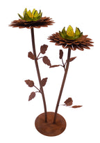 Glasblume Dahlie aus Edelrost mit 2 mundgeblasenen Glasblüten Höhe 88 cm