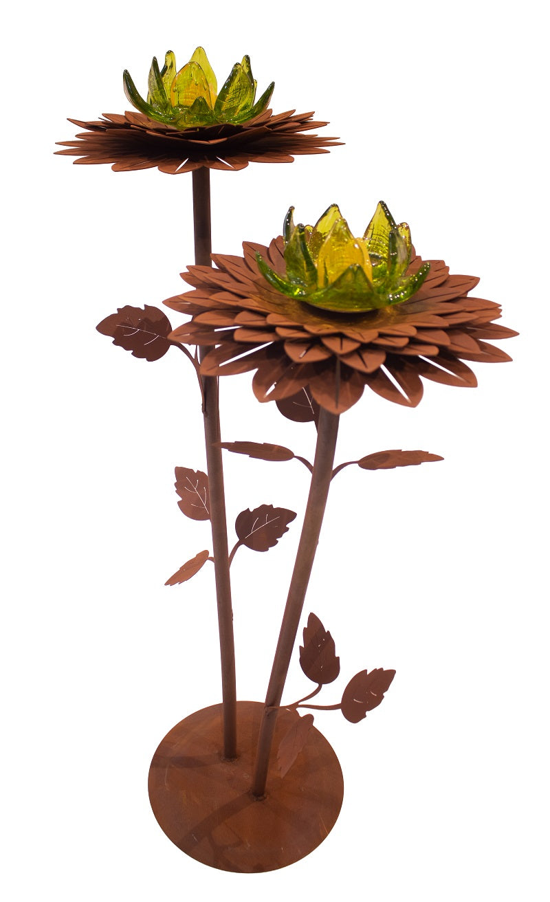 Glasblume Dahlie aus Edelrost mit 2 mundgeblasenen Glasblüten Höhe 88 cm