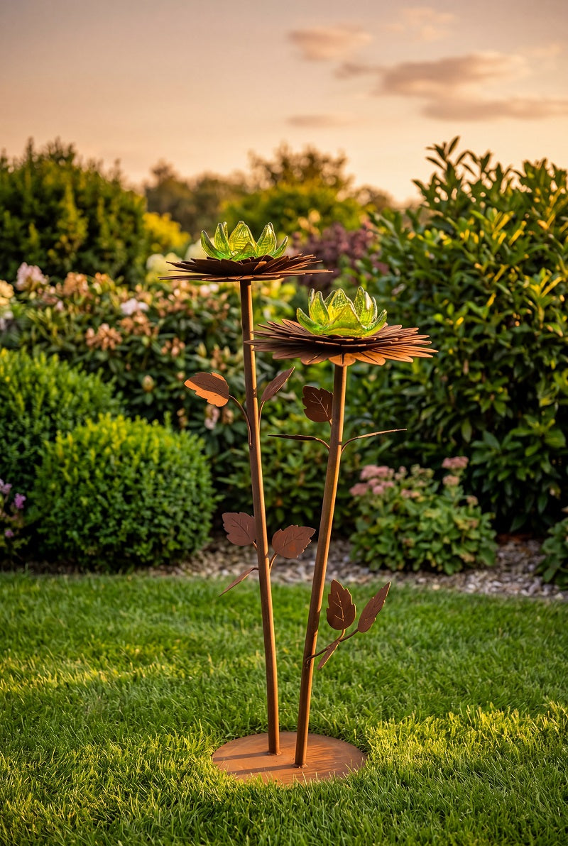 Glasblume Dahlie aus Edelrost mit 2 mundgeblasenen Glasblüten Höhe 88 cm