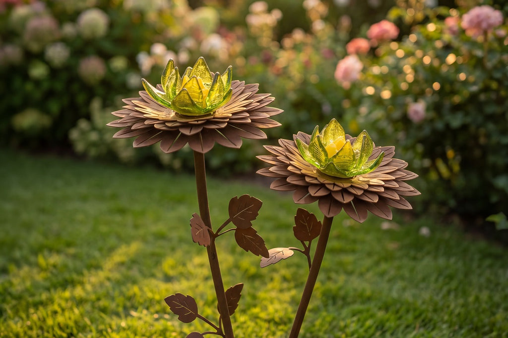 Glasblume Dahlie aus Edelrost mit 2 mundgeblasenen Glasblüten Höhe 88 cm
