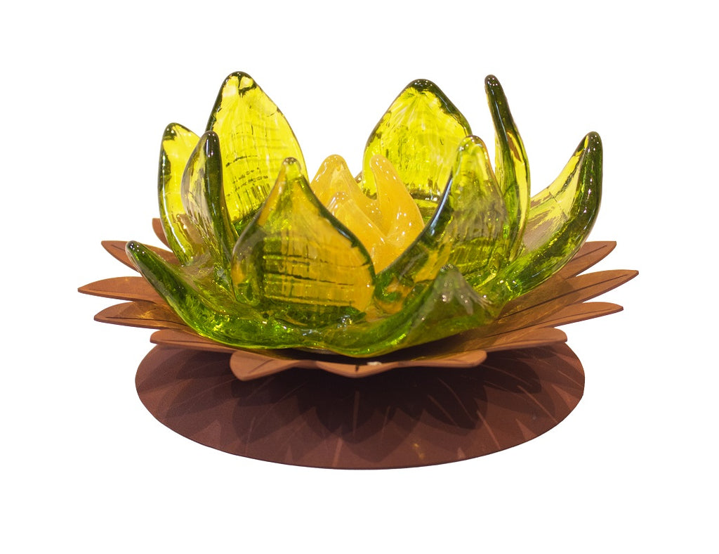 Glasblume Dahlie Glasdahlien 3er-Set aus Glas auf Edelrost Weinrot, Rosa & Grün