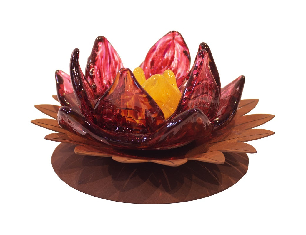 Glasblume Dahlie Glasdahlien 3er-Set aus Glas auf Edelrost Weinrot, Rosa & Grün