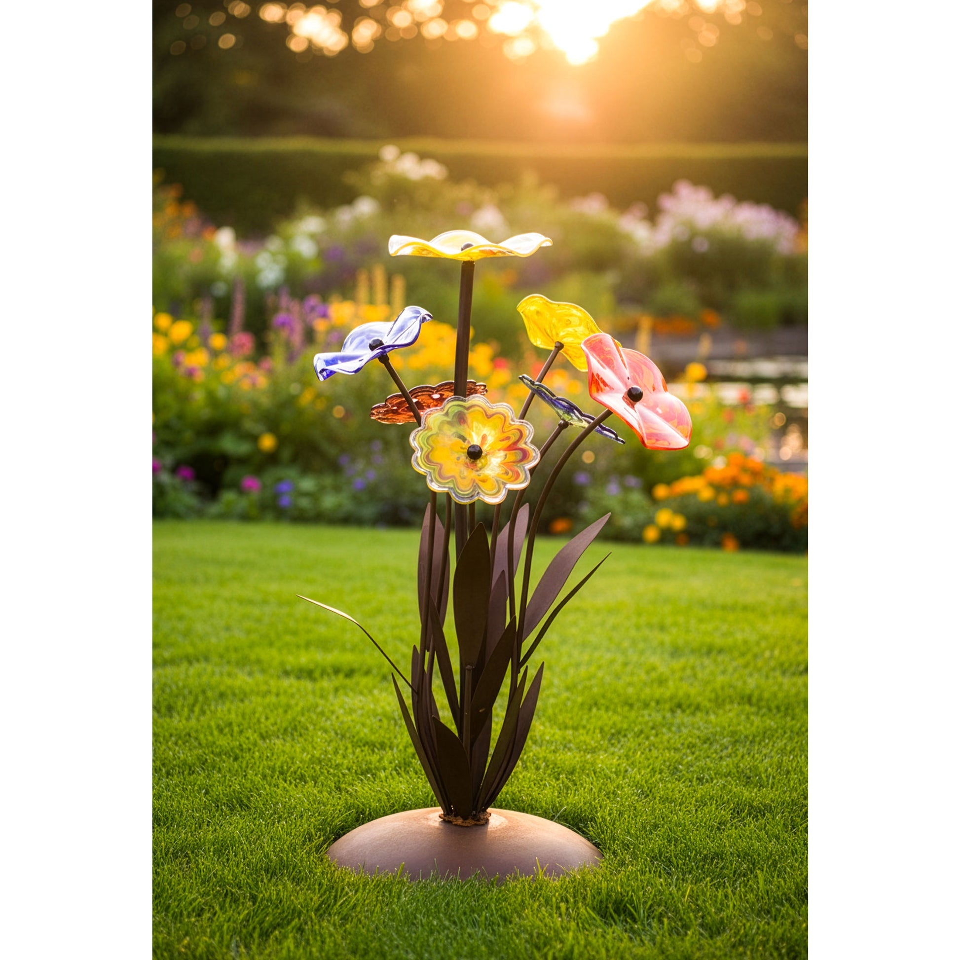 Glasblume Farbentraum Edelrost-Skulptur mit handgefertigten Glasblüten, H: 91 cm