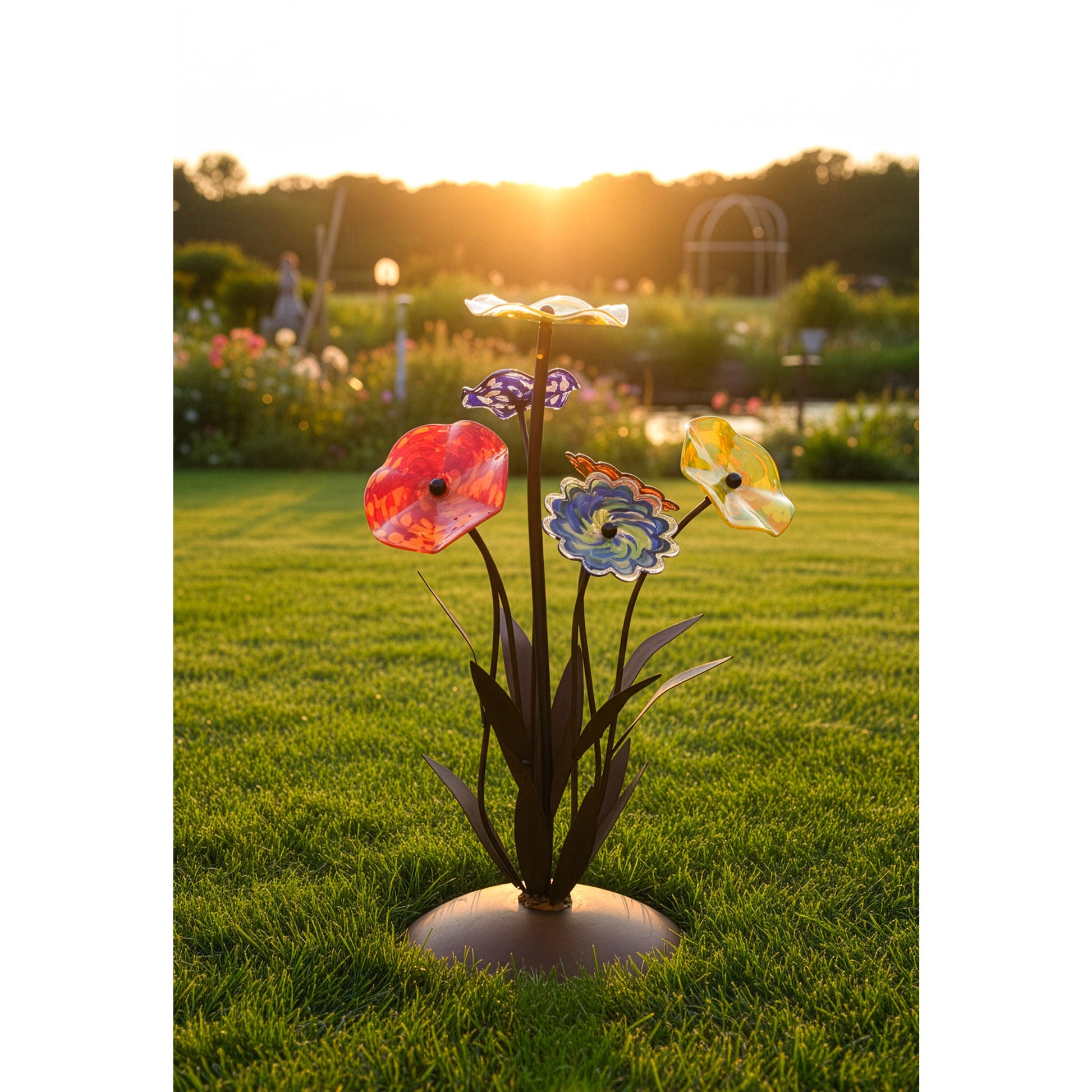 Glasblume Farbentraum Edelrost-Skulptur mit handgefertigten Glasblüten, H: 91 cm