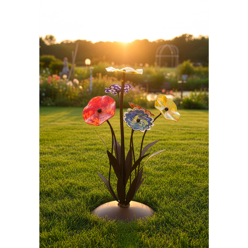 Glasblume Farbentraum Edelrost-Skulptur mit handgefertigten Glasblüten, H: 91 cm