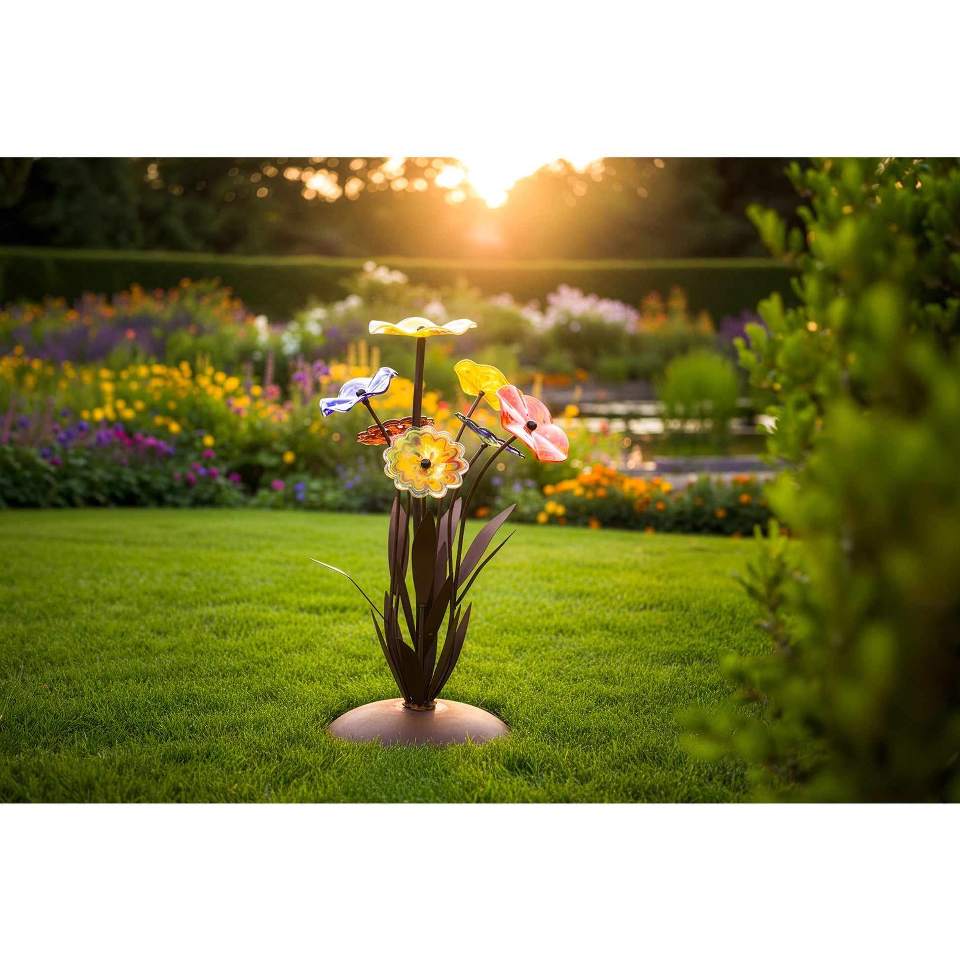 Glasblume Farbentraum Edelrost-Skulptur mit handgefertigten Glasblüten, H: 91 cm