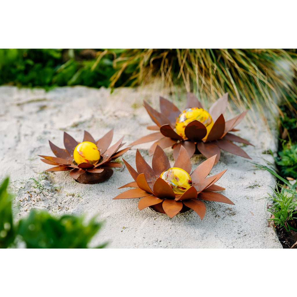 Edle Glasblumen Sonnenblüte Edelrost 3er Set, Handgefertigte Gartenkunst