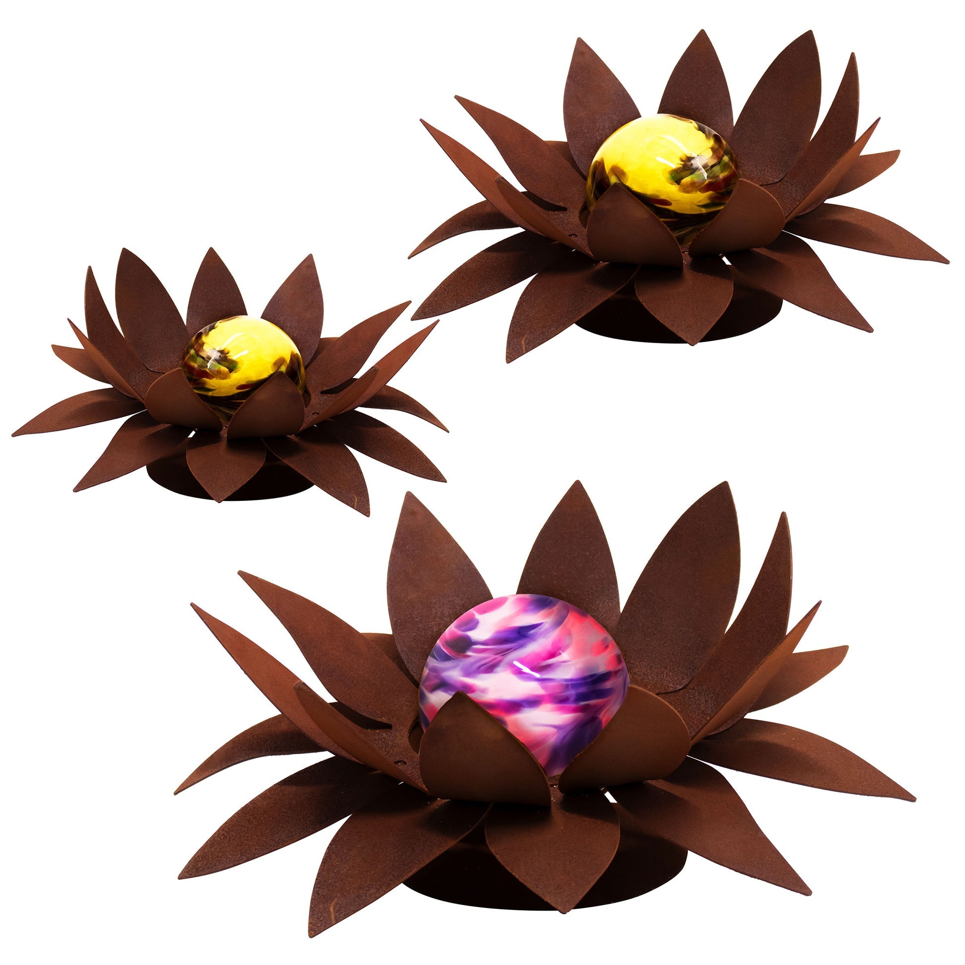 Edle Glasblumen Sonnenblüte Edelrost 3er Set, Handgefertigte Gartenkunst