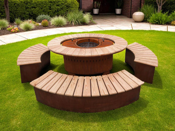 Grill- und Feuerstelle Karlsruhe Edelrost Outdoor Feuerstelle mit Sitzbänken