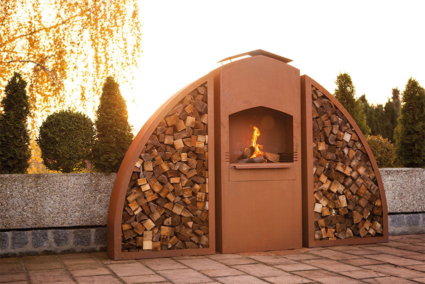 Grill Grillstelle Feuerstelle Holzkohlegrill XL Meridian mit Holzlege Edelrost