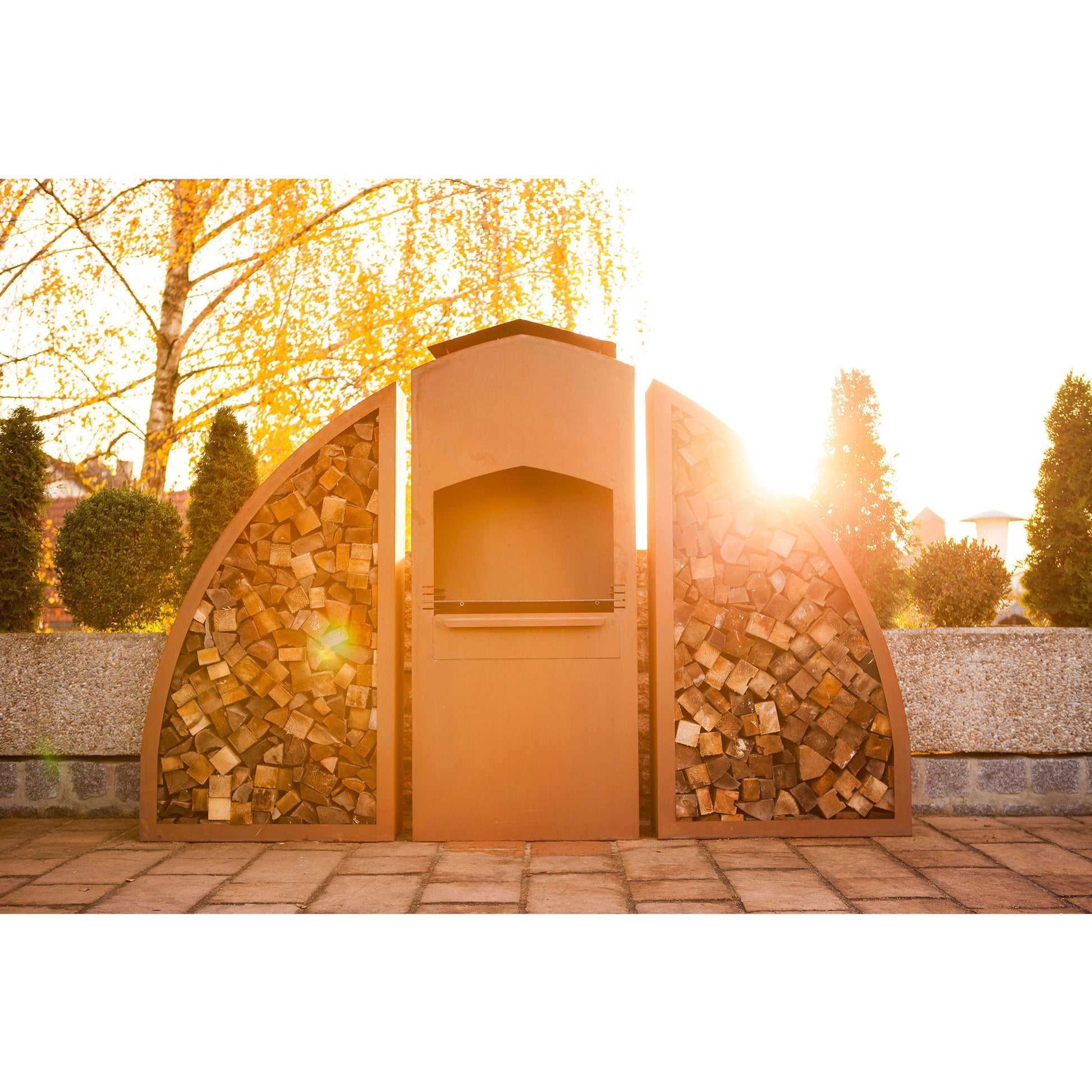 Grill Grillstelle Feuerstelle Holzkohlegrill XL Meridian mit Holzlege Edelrost