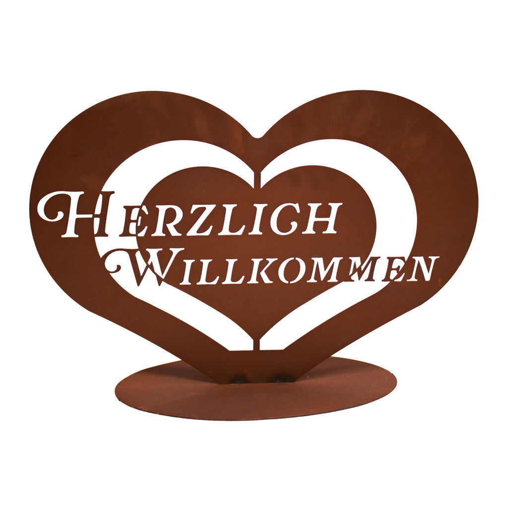 Edelrost Schild - Herz Dreifaches Willkommen - Rostige Deko Eingang