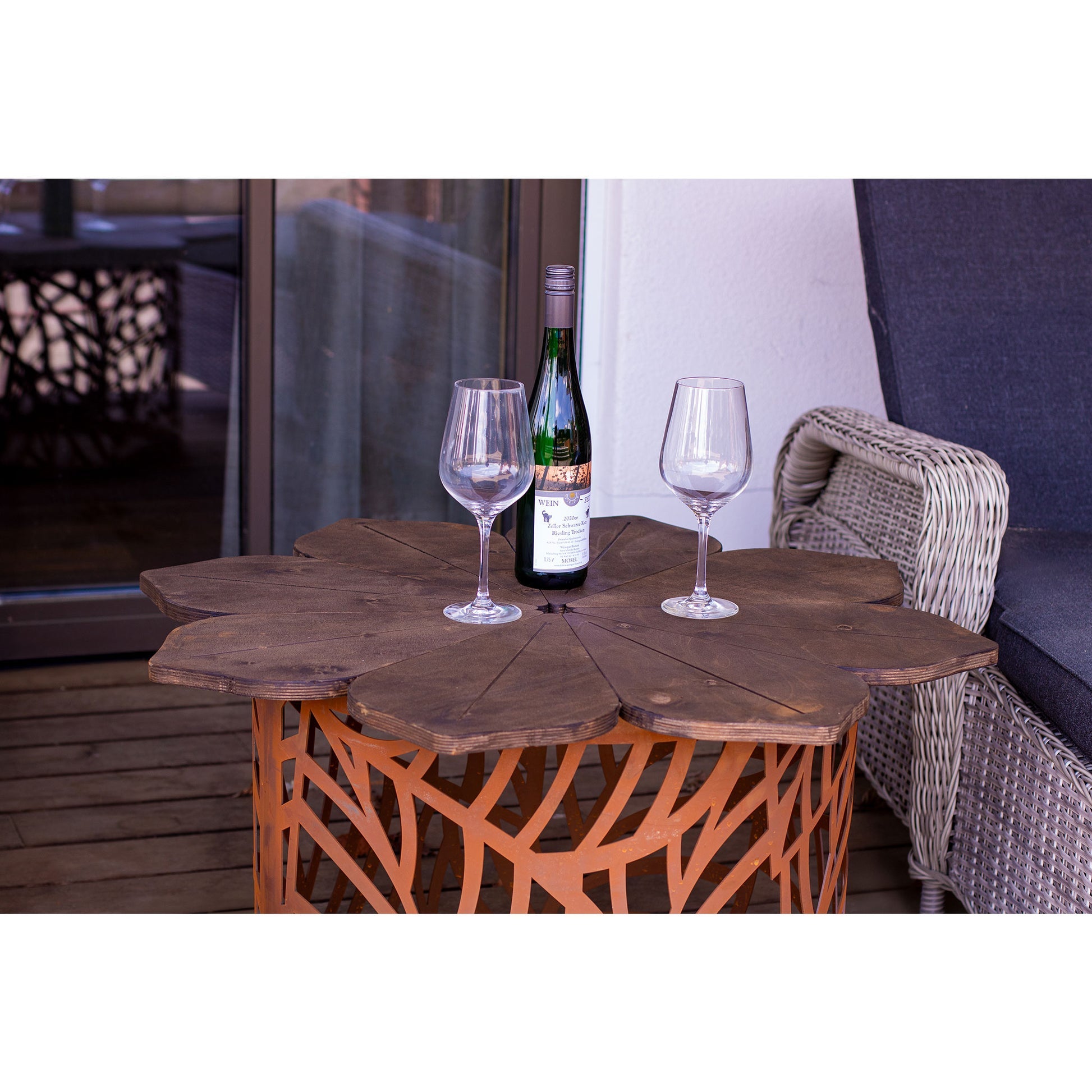 Runde Feuerstelle Blätter Edelrost 3in1 Feuerschale Pflanzgefäß Beistelltisch