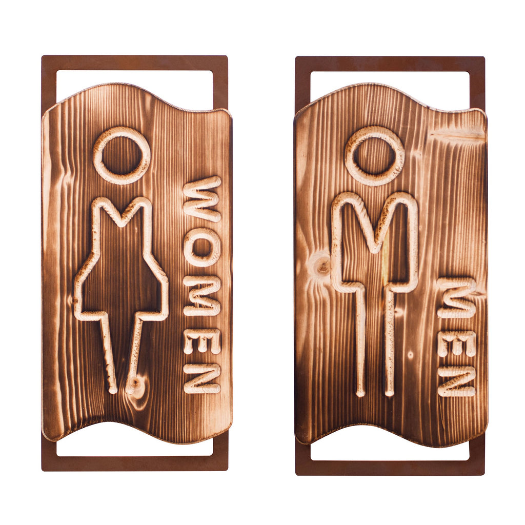 Holz WC-Schilder MEN & WOMEN Toilettenschild Naturholz auf Edelrostrahmen 2er-Set