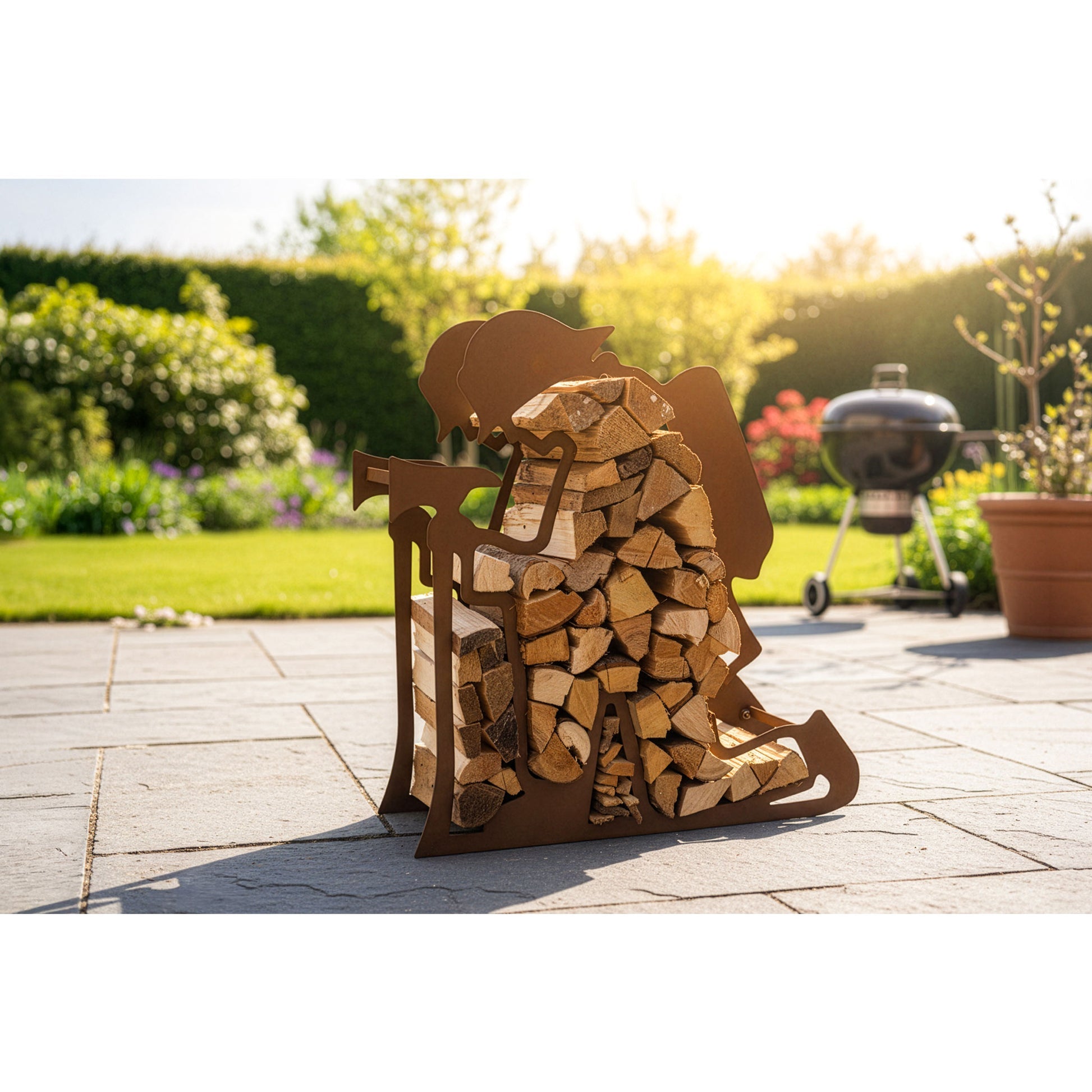 Holzlege Feuerwehrmann Edelrost Kompakte Holzaufbewahrung Kaminholzregal