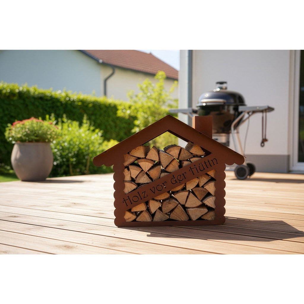 Holzlege Holz vor der Hüttn Edelrost, Dekorative Holzaufbewahrung im Hüttenstil