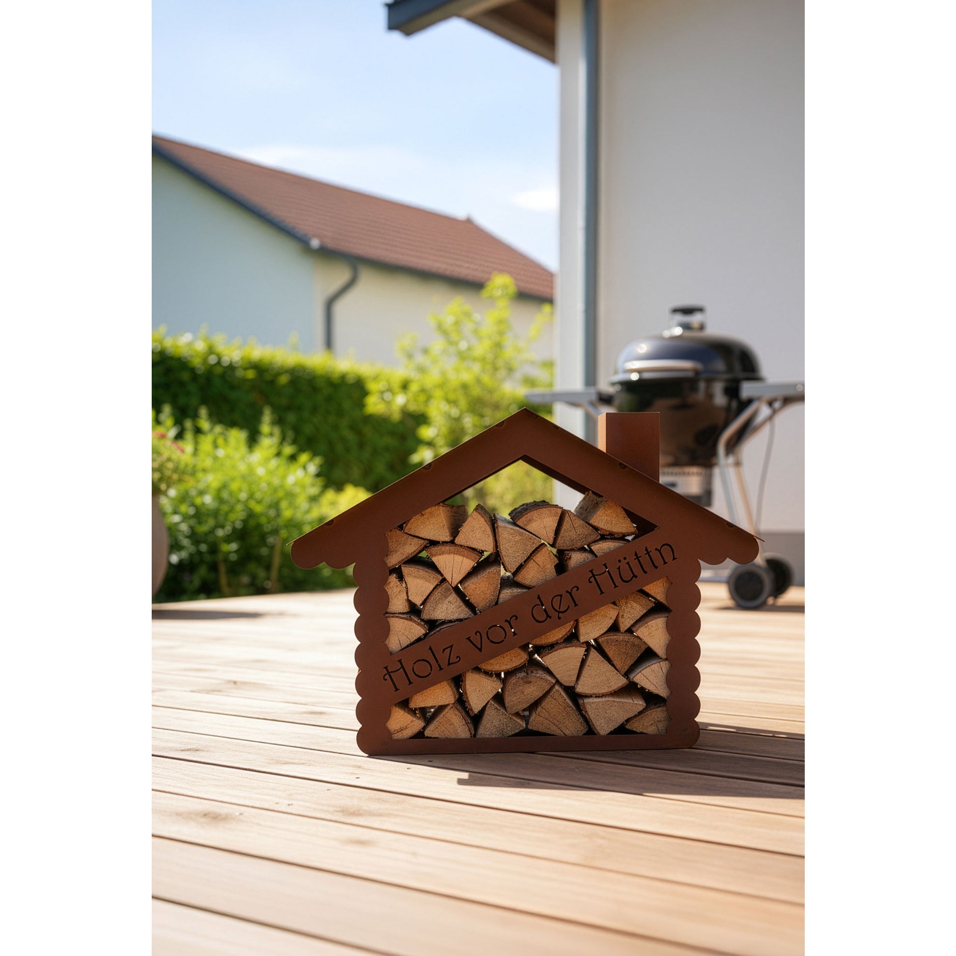 Holzlege Holz vor der Hüttn Edelrost, Dekorative Holzaufbewahrung im Hüttenstil